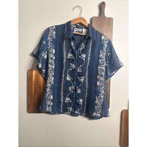 Vintage Wrangler Blue Cream Sheer Short Sleeve Button Front Blouse Size Small